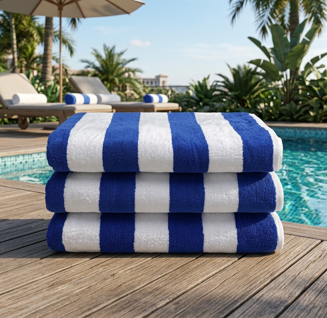 Handuk resort garis biru navy di tepi kolam